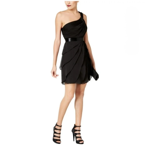 Adrianna Papell Flutter Chiffon Tiered Black One Shoulder Cocktail Dress - Picture 1 of 10